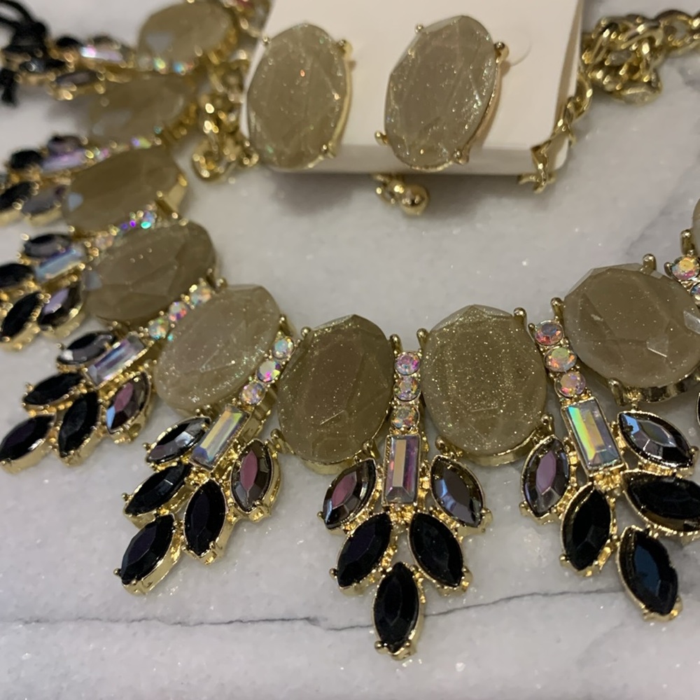 Black and Taupe and Aurora Borealis Statement Necklace/Earrings Set-Boutique